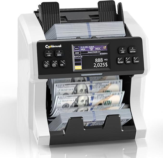 CGOLDENWALL Money Counter Machine Mixed Denomination,Bank Grade Cash Counter 2CIS/UV/IR/MG Counterfeit Detection,Serial Number,MUL Currency Value Counting, Sort&Printer Compatible Bill Counter,1500N/M