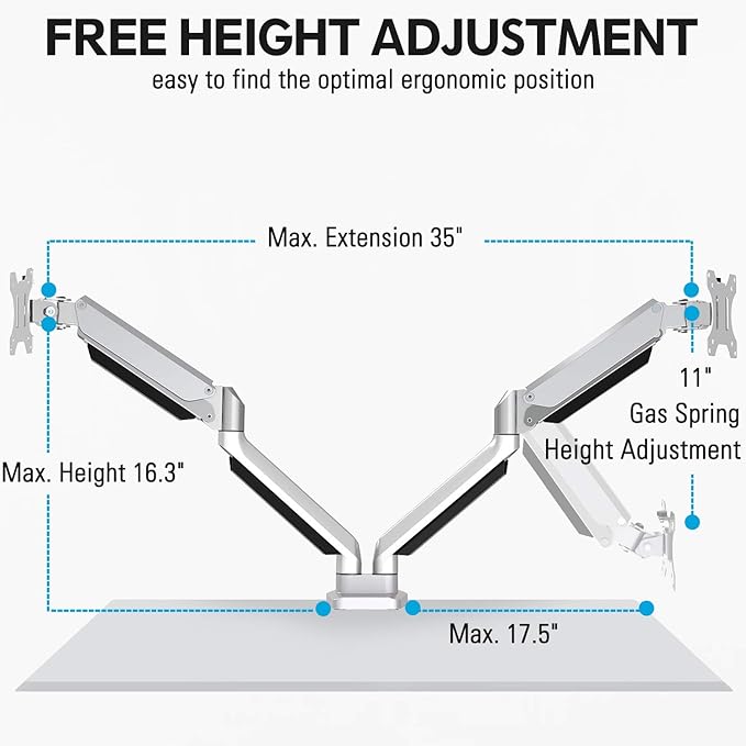 MOUNTUP Dual Monitor Desk Mount, Die-Cast Aluminum Fully Adjustable Double Monitor Arm with Gas Spring, Computer Monitor Stand Fits 2 Screen 17 to 32 inch - Each Arm Holds 3.3-17.6LBS, MU0024