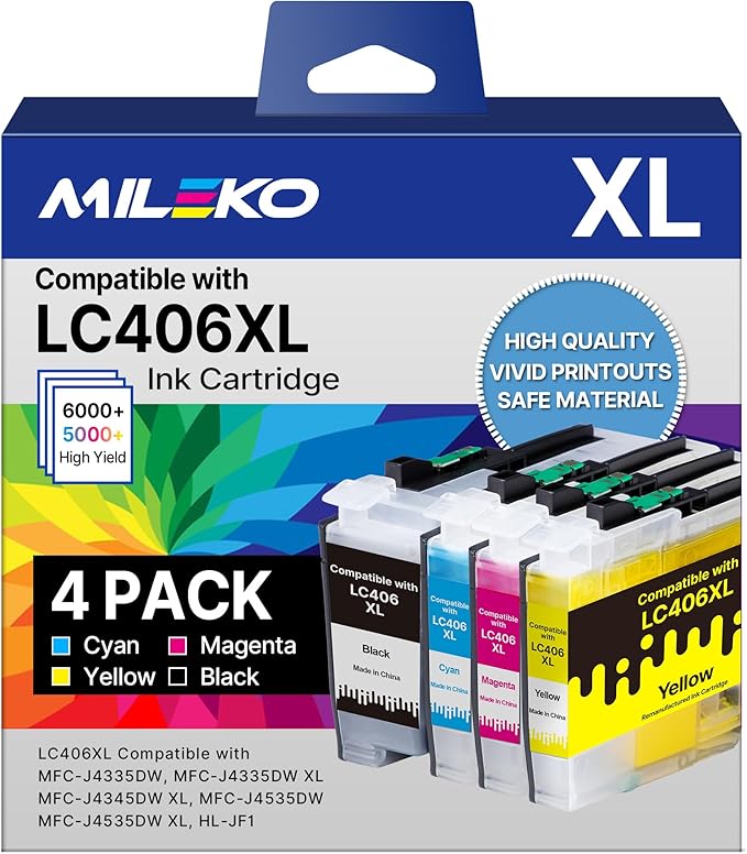 LC406 Ink Cartridges for Brother Printer Replacement for Brother LC406XL LC406 Ink Cartridges High Yield for Brother MFC-J4335DW MFC-J5855DW MFC-J6555DW MFC-J4535DW MFC-J6955DW MFC-J4345DW, 4 Pack