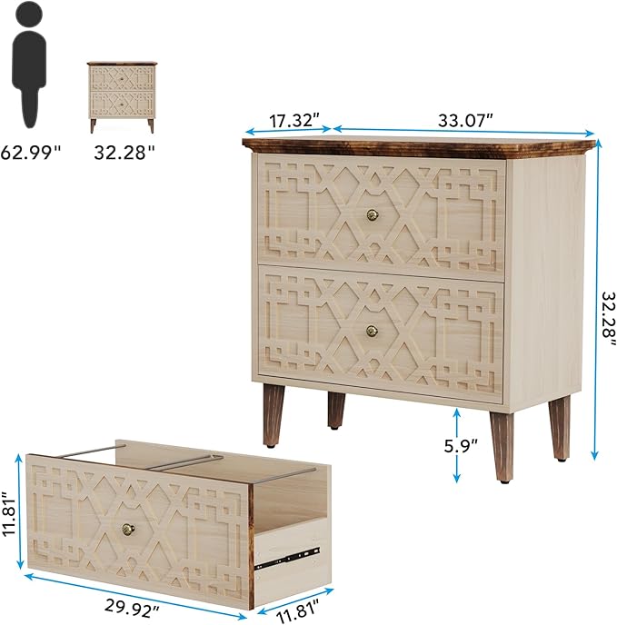 LITTLE TREE 2-Drawer File Cabinet, Wood Lateral Filing Cabinet for Home Office, Beige