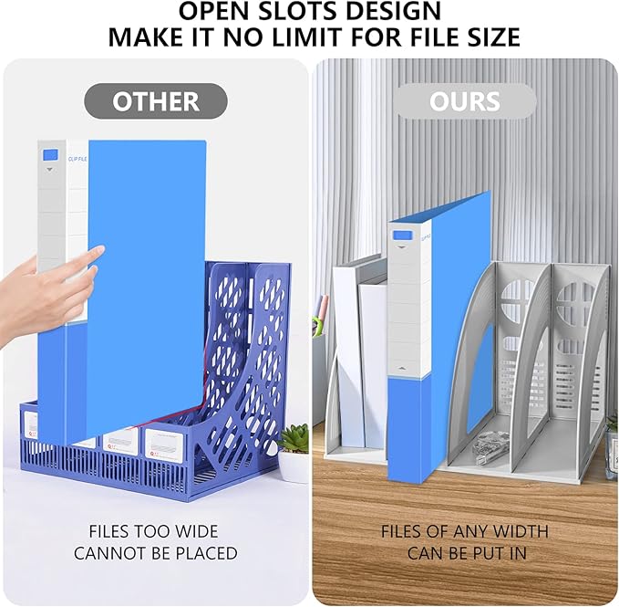 SAYEEC File Holder Storage Folder 4 Compartment Standing Desktop Hollow Organizer Files Shelf Plastic Notebook Magazine for Office School Home Supplier Students (Random Light Gray OR Blue)