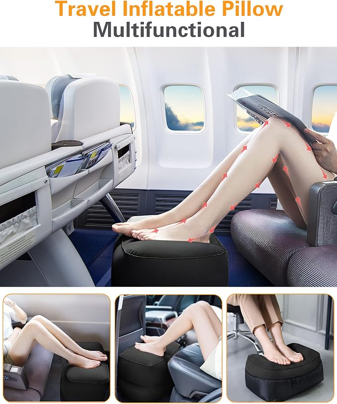 Sunany Inflatable Foot Rest Pillow , Adults Airplane Travel Pillow-Adjustable Height Cushions,for Kids to Sleep While Traveling,Suitable for Office, Home and Any Travel（Black）