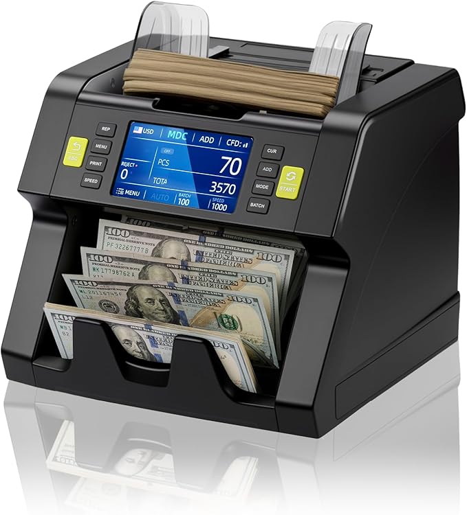 MUNBYN IMC21 Money Counter Machine Mixed Denomination, CIS/UV/IR/MG/MT Counterfeit Detection, Touch Screen, USD, MXN, LBP, CAD Cash Counter for Business, Printer Compatible Bill Counter, 2Y Protect