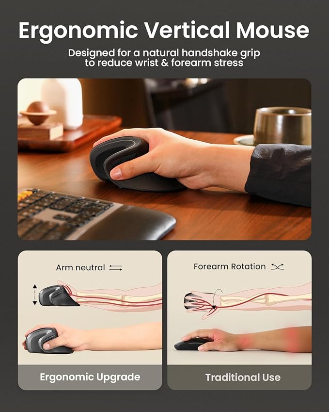ProtoArc Ergonomic Vertical Mouse, EM11 NL Rechargeable Wireless Mouse Bluetooth, Ergo Mice with 3 Multi-Device for PC/Notebook/Laptop, 2.4GHz Optical Mice for Windows, Mac OS, Gray