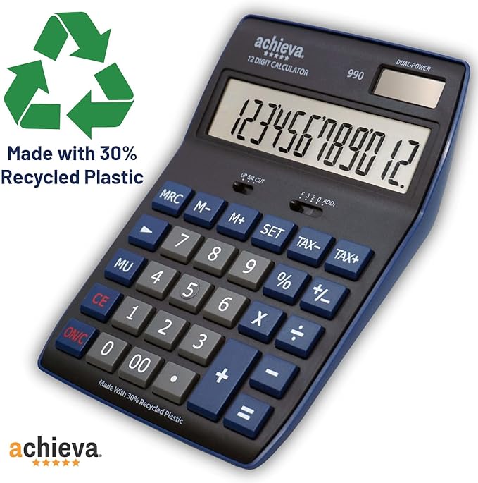 Achieva 12-Digit LCD Display Desktop Calculator | Blue | Mark Up Key, Selectable Decimal & Rounding Switches | Dual Solar/Battery Power | for Home, Office, School (990)