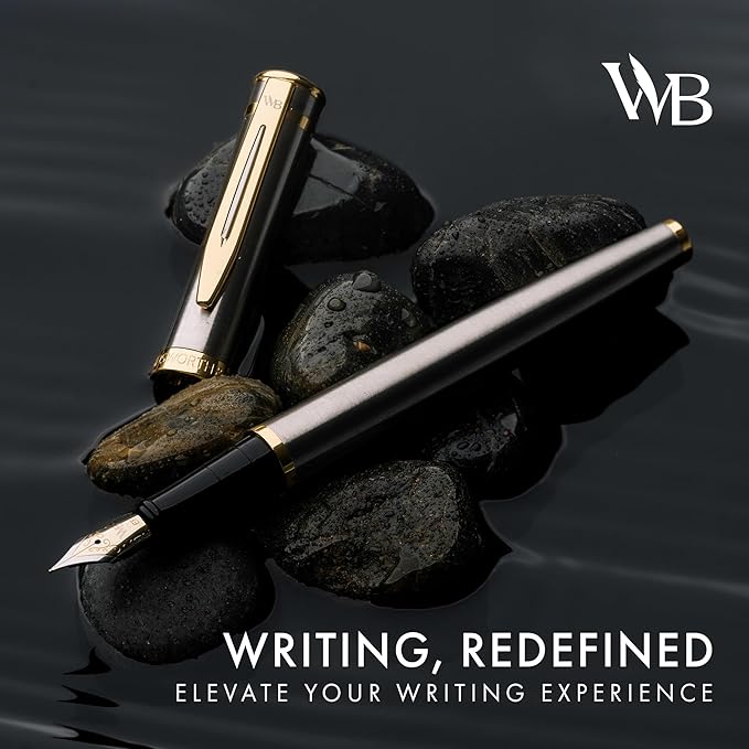 Wordsworth & Black Fountain Pen Set, 18K Gilded Extra Fine Nib, Includes 24 Pack Ink Cartridges, Ink Refill Converter & Gift Pouch, Gold Finish, Calligraphy, [Silver Gold], Perfect for Men & Women