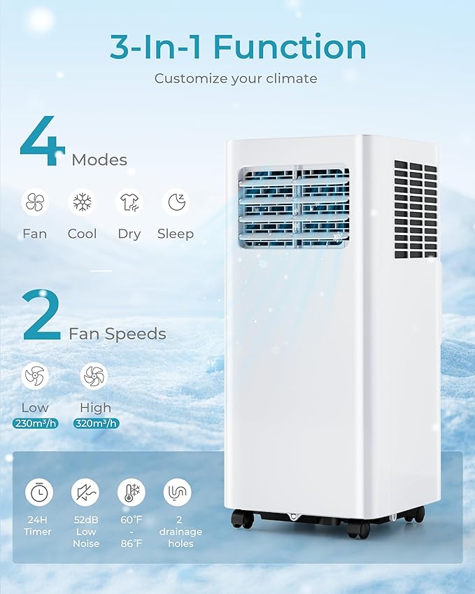 EUHOMY Portable Air Conditioners 8,000 Btu, 3 in 1 Portable Cooling AC with Dehumidifier, Fan, Sleep Modes, AC Unit with Remote Control & 24H Timer for Bedroom, Rooms, Apartments up to 350 Sq.Ft.
