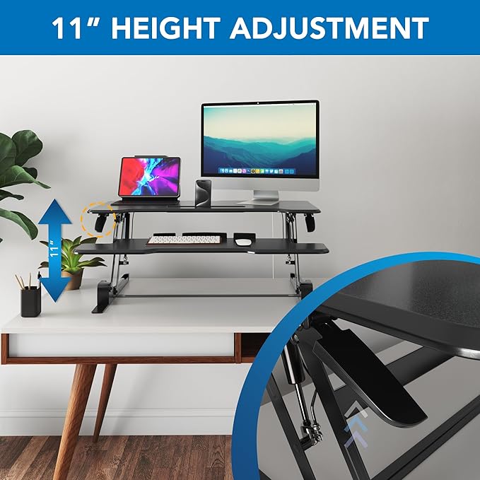 Mount-It! Height Adjustable Standing Desk Converter, 38” Wide, Stand Up Desk Riser for 2 Monitors, Manual Gas Spring Desktop Raises to 16.9", Fits Two Monitor Screens with Keyboard Mouse Tray in Black