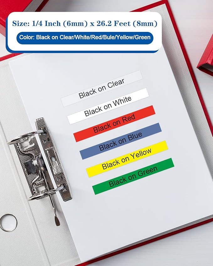 TZe TZ Tape 6mm 0.23" Laminated Colored Compatible for Brother P Touch TZe-211 TZe-111 Label Tape for PT-D210 D220 H110 D400 Label Maker, Black on White/Clear/Red/Blue/Yellow/Green, 1/4 Inch, 6-Pack