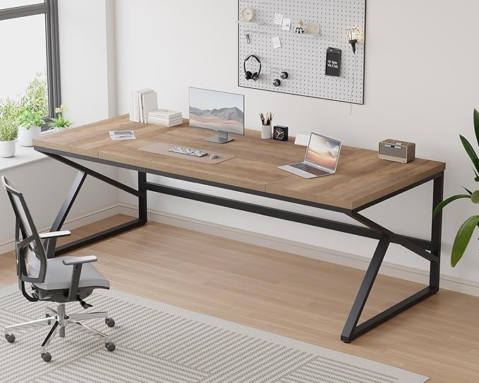 HSH Extra Large Home Office Desk, Rustic Wood and Metal Computer Desk for 2 People, 78 Inch Long Executive Writing Study Gaming Double Desk Workstation, Bedroom Living Room PC Table for 2 Monitors
