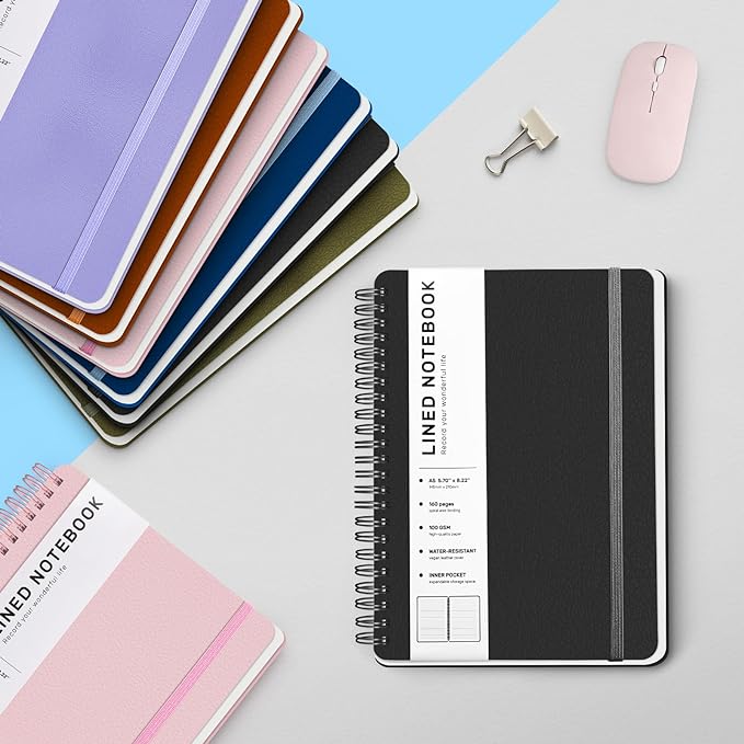 Lined Spiral Journal Notebook, A5 Hardcover Leather Notebook for Work, 5.7''×8.2'', 100GSM Thick Paper Spiral Bound Journaling Notebooks for Women & Men Office School Note Taking Business, Black