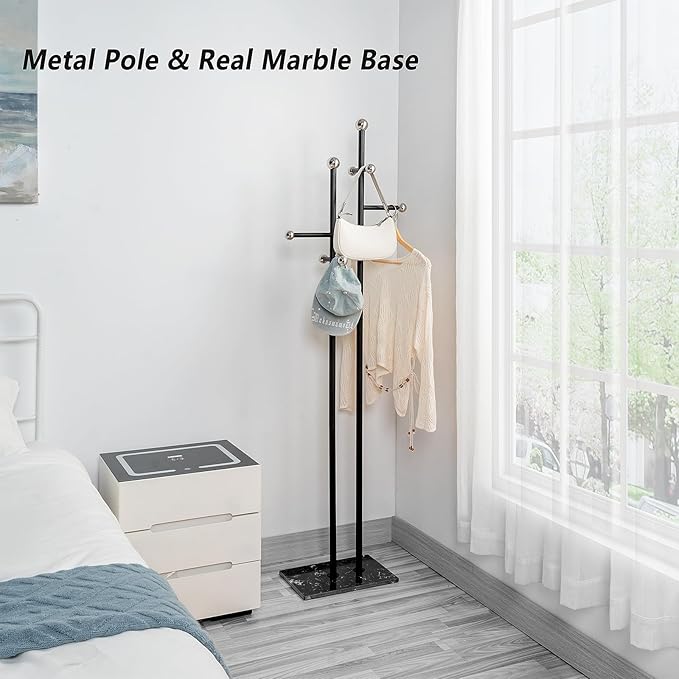 Coat Rack Freestanding with Square Marble Base Heavy Duty Metal Clothes Rack Hanging Stand for Entryway Bedroom Living Room Hotel 14.96 x 10.24 x 68.9 Inches (Black)