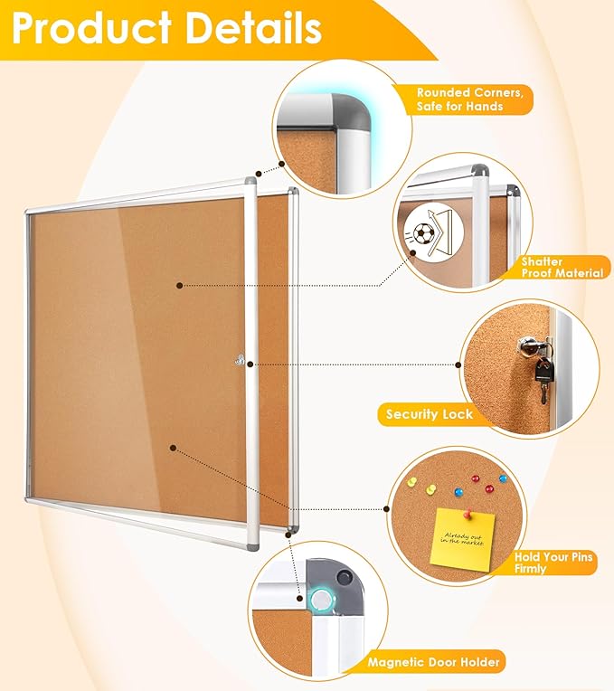 SWANCROWN Enclose Bulletin Board Case Big School Cork Pin Noticeboards Secure Cabinet for Message Guide 38x38inches (12xA4)