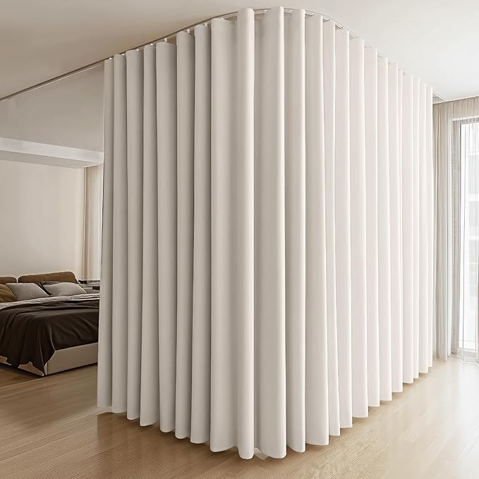 Room Divider Curtains & Flexible Bendable Tracks Set,Privacy Dividers Ceiling Track Curtain Window Blackout Curtains for Living Room Bedroom (W180 × H108 In 1 Panel Beige Drape & White Rail)