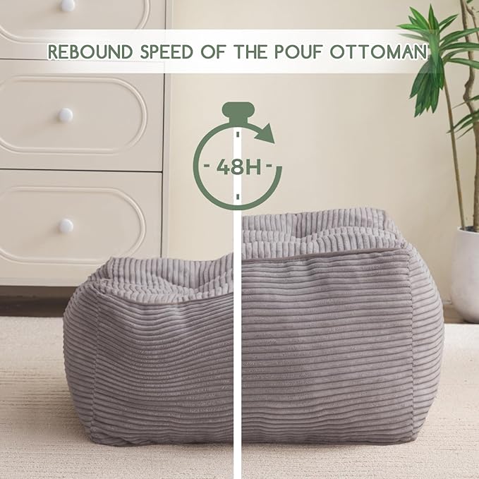 HIGOGOGO Square Stuffed Pouf Ottoman, Corduroy Poufs with Foam Chunk Filling, Furry and Fluffy Pouf Foot Stool Storage Ottoman, 21 X 21 Floor Poufs Foot Rest for Living Room, Grey