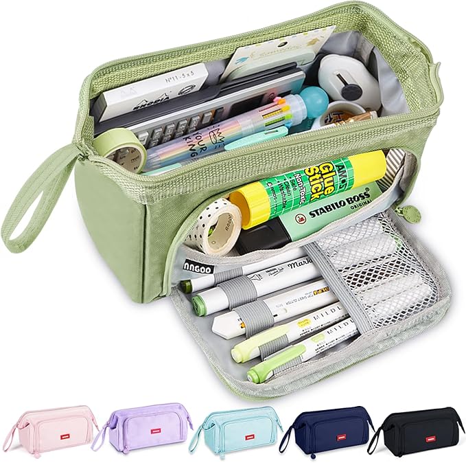 Pencil Case Pouch Large Capacity with Compartments, Pencil Case Pouch Bag with Zipper Handle for Teen Girls Boys Adults Women Men, Portable Pen Bag Stationery Organizer for Office School Travel, Green