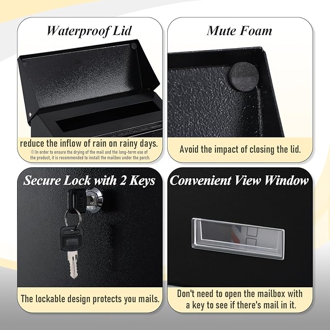 xydled Mail Boxes with Key Lock,Locking Mailbox Wall Mounted,Large Capacity,Steel Cover Metal Postbox for House, Black, 12.34''x8.5''x3''