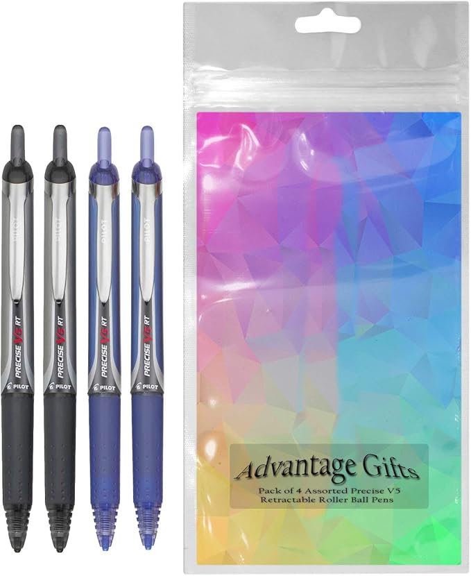 Precise V5 RT Retractable Rolling Ball Pens, Extra Fine Point (.5mm), Assorted Colors Black/Blue Ink, 4-pk; Premium Comfort Grip, Bundle with Plastic Reusable Pouch