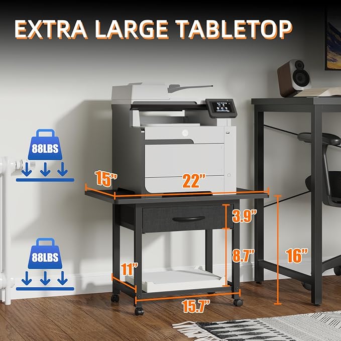 22"x15" Large Printer Stand with Storage Drawer, 2-Tier Under Desk Printer Table for Home Office, Printer Cart fit Fax Machine/3D Printer/Scanner(Black)
