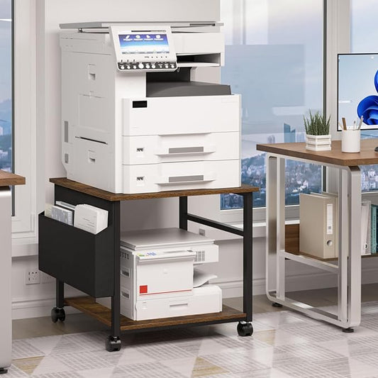 Lerliuo Large Printer Stand with Storage Shelf, 23.6 x 23.6 x 22.8 Industrial Printer Table for Home Office, Rolling Printer Cart Holder with Lockable Wheels, Mobile Mini Fridge Stand Table (Brown)