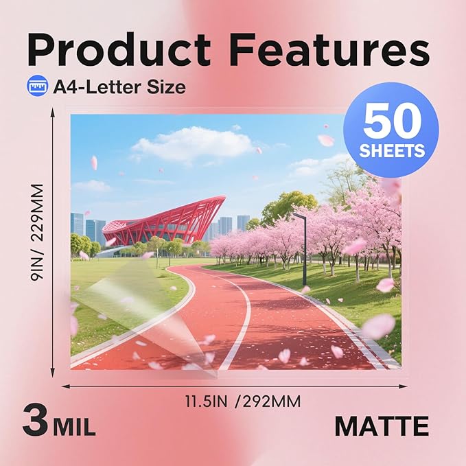 Matte Laminating Sheets 9 x 11.5 Inches, 3 Mil Thick, 50 Pack,Clear Anti-Glare 8.5 x 11 Matte Thermal Laminating Pouches for Letter Size (50)