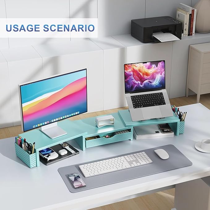 gianotter Dual Monitor Stand Riser, Desk Organizer With Drawer and 2 Pen Holders, Monitor Stand for Desk, Office Decor Essentials (Blue)