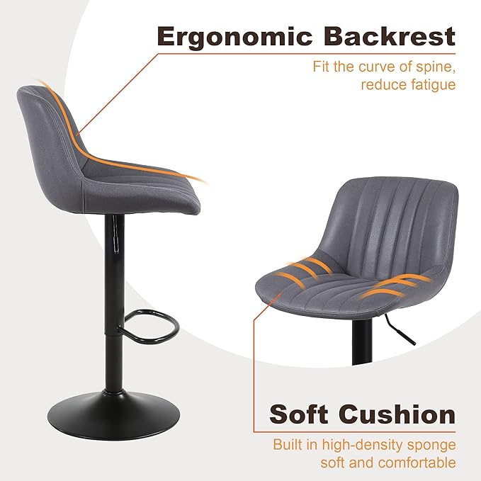 Bar Stools Set of 3, Swivel Counter Height Barstools with Back, Adjustable PU Leather Bar Chairs, Modern Armless Kitchen Island Stool, Dark Grey