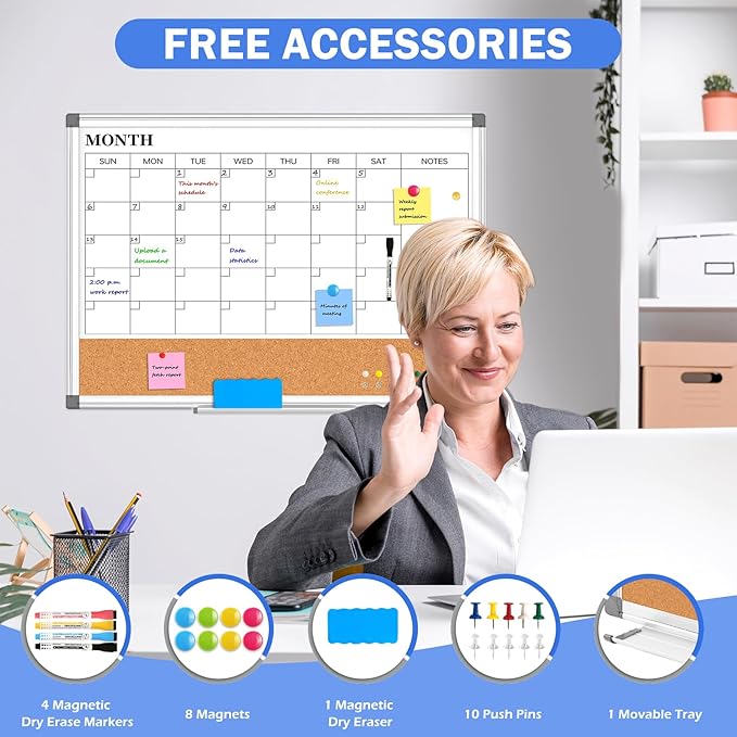 Monthly Calendar Whiteboard Dry Erase Cork Board Combo for Wall, 36" x 24" Magnetic Double-Sided Calendar White Board and Bulletin Board, Portable Board for Office, Kitchen, School, Home