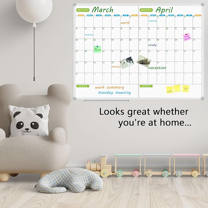 JILoffice Magnetic Dry Erase Calendar Whiteboard, 2 Month White Board Planner 48 X 36 Inch, Silver Aluminum Frame Wall Mounted Board for Office Home and School