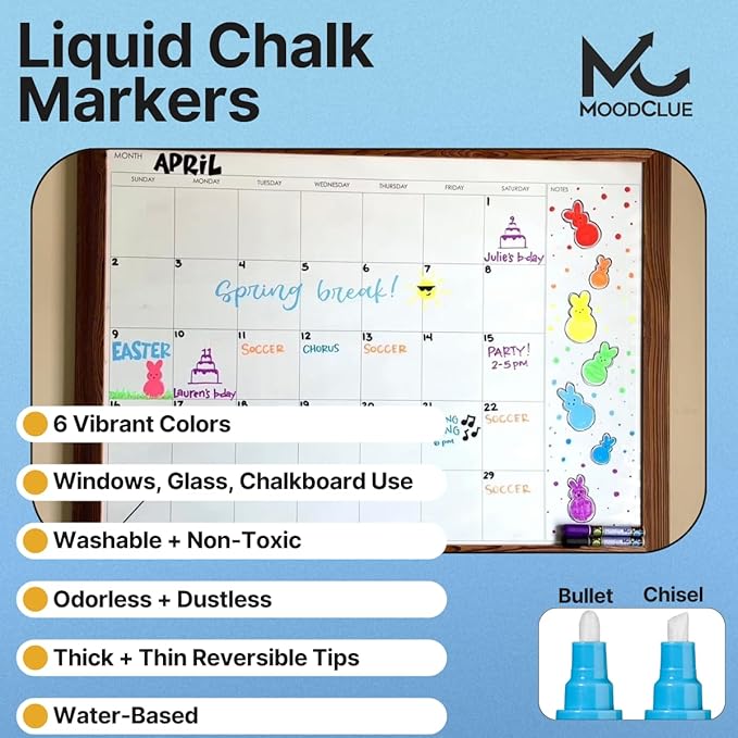 Liquid chalk markers erasable. 6 neon dry & wet erase marker pens for windows, mirrors, whiteboards, chalkboards, glass boards, auto windshields. Reversible thick and thin tip. Washable