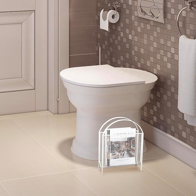 MyGift Mid-Century Design Magazine Rack, Matte Black Tone Metal Mesh Freestanding Magazine Organizer Holder Sling (White)