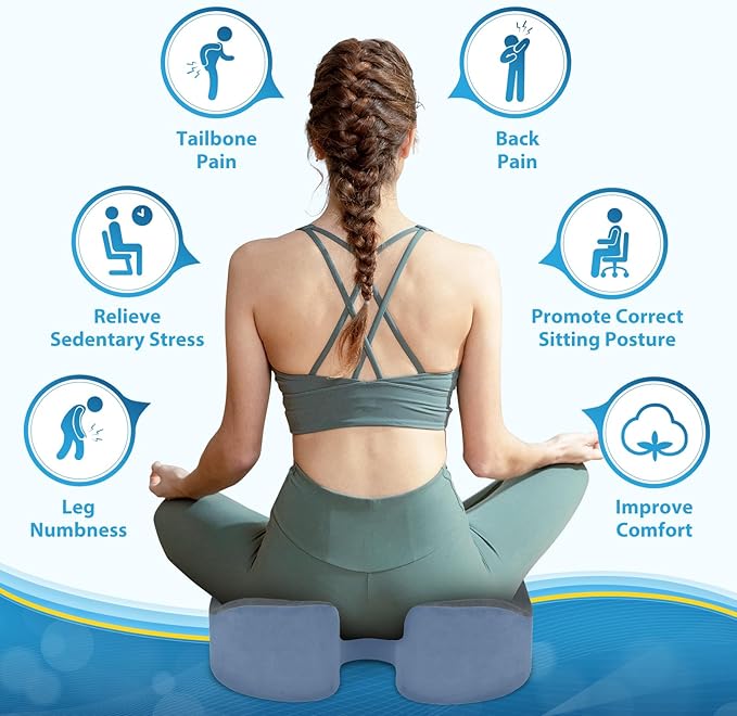 BlissTrends Seat Cushion,5.2in Thick Memory Foam Cushions for Office Chair, Car Seat, Airplane, Relieving Pressure Tailbone Sciatica Back Pain for Long Sitting Office Workers, Car Drivers Gery&Blue