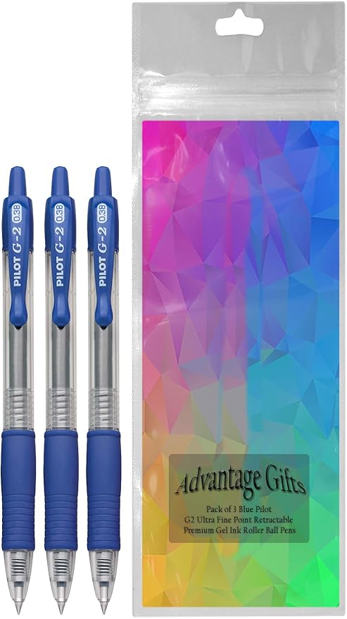 G2 Retractable Premium Gel Ink Roller Ball Pens Ultra Fine Point (.38mm) Blue Ink 3 pack; Refillable & Premium Comfort Grip Bundle with Plastic Reusable Pouch