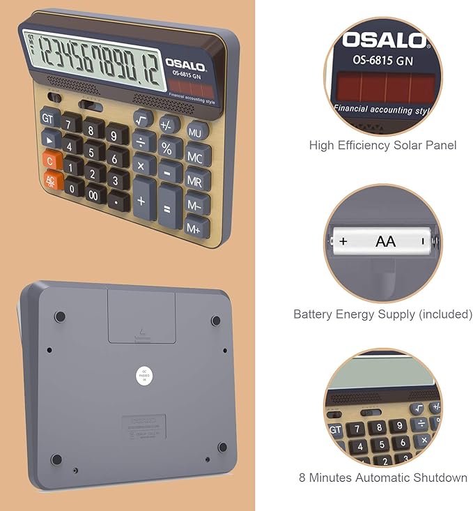 Desktop Calculator Extra Large 5-Inch LCD Display 12-Digit Big Number Accounting Calculator with Giant Response Button, Battery & Solar Powered, Perfect for Office Business Home Daily Use(OS-6815GN)