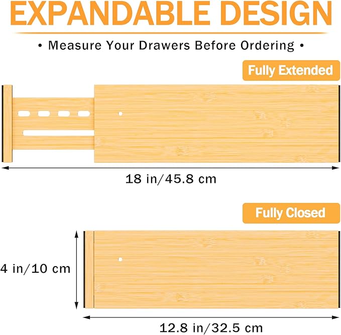 Bamboo Drawer Dividers 4" High, 12.8-18" Adjustable Drawer Organizers for Clothes,Expandable Dresser Separators in Bedroom/Kitchen/Bathroom/Office Organization and Storage,2 Pack