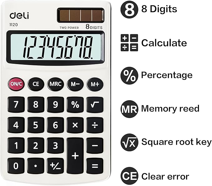 Calculator, Deli Standard Function Basic Calculators, Solar Battery Dual Power Office Calculator with Cover, Metal Panel