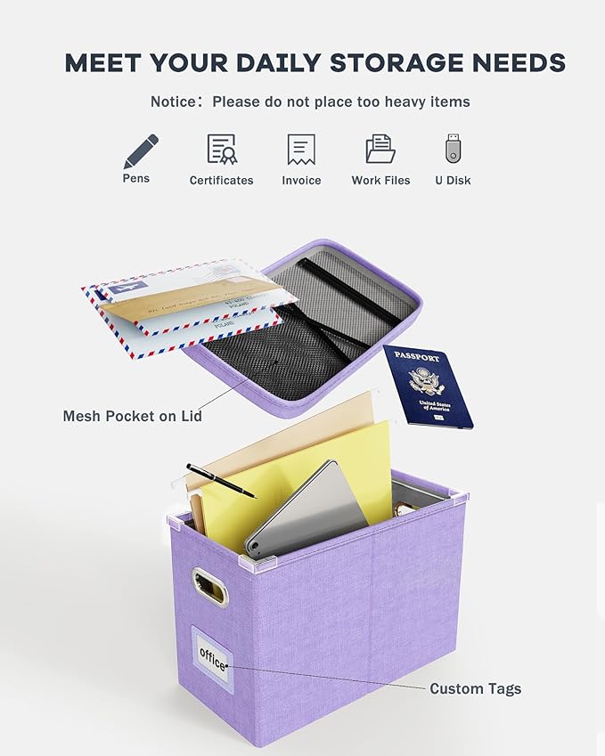 Oterri File Organizer Box with Lid, Hanging Filing File Box with Mesh Pocket, Document Organizer Box for Letter Files, Portable Storage Box with Smooth Sliding Rail for Office&Home (1 PCS, Lavender)