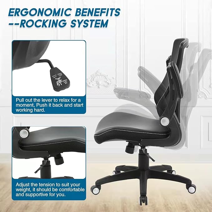 Office Chair Ergonomic Desk Chair, Computer PU Leather Home Office Chair, Swivel Mesh Back Adjustable Lumbar Support Flip-up Arms Executive Task Chair