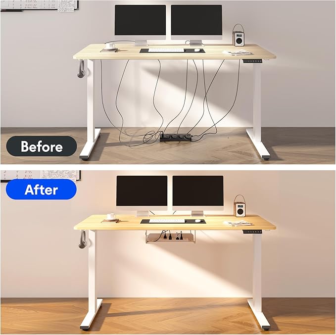 FLEXISPOT EN2 Whole-Piece Standing Desk with Clamp Power Strip, 48 x 30 Electric Stand Up Height Adjustable Desk with Cable Management (White Frame + 48" Maple Top, 2 Packages)