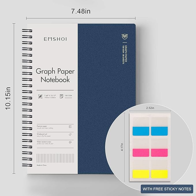 EMSHOI Graph Paper Spiral Notebook 7.48" x 10.15" - 2 Pack 320 Pages 100gsm Thick Grid Paper, B5 Graph Paper Notebook, Plastic Hardcover Journals for Writing Engineering Graphing Work School Supplies