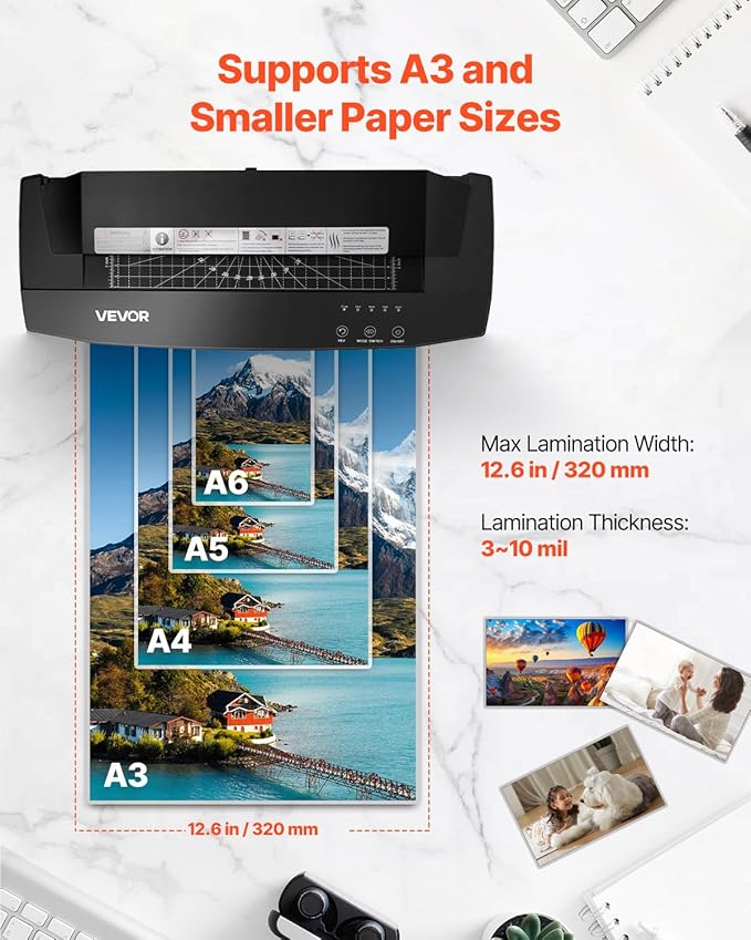 VEVOR Laminator Machine, Cold and Hot Laminator for Max A3 Paper Size, 1 min Quick Warm Portable Laminator, 3-10 mil Thickness, Ideal for Home, Office, Business, or School Supplies, Black