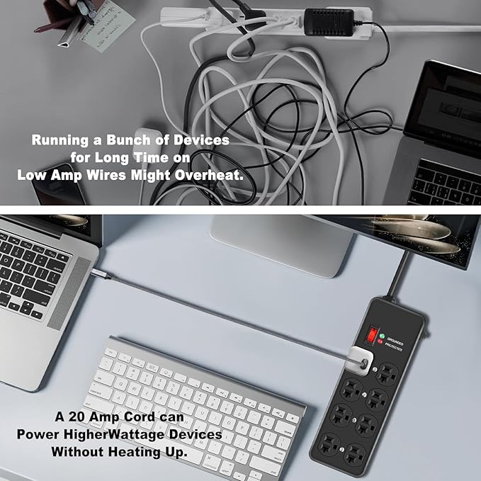 20Amp Power Strip Surge Protector, Durable Metal 8-Outlet with Heavy Duty 20 Amp 10Ft 12 Gauge Extension Cord, for Garage, Workshop & Industrial Use with 6-20R T-Slot Outlets, 4800J