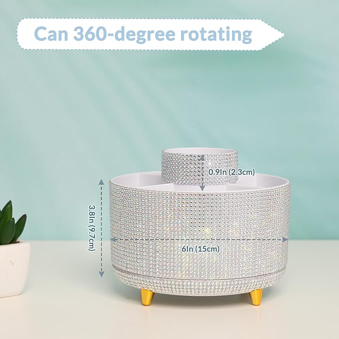 SKYDUE 360 Degree Rotating Desk Organizer, Shining Dual-Purpose Rhinestone Pencil Pen Holder, Rotating Desk Pen Organizer with 5 Slots, Rhinestone Pencil Cup for Office, School, Home