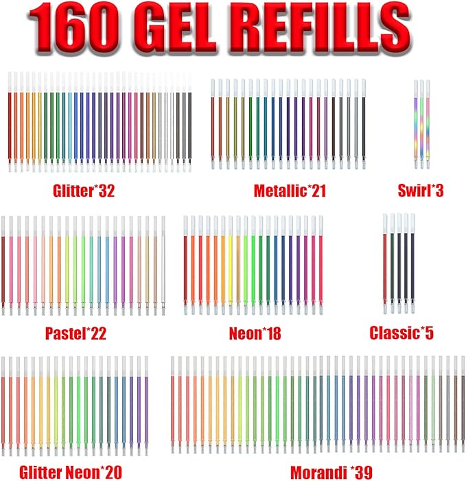 320 Pack Gel Pens Set,160 Colored Gel pen with 160 Refills 100% More Ink, Include Glitter Metallic Pastel Neon Morandi Gel pens for Adults Coloring Books Drawing Crafts Bullet Journaling