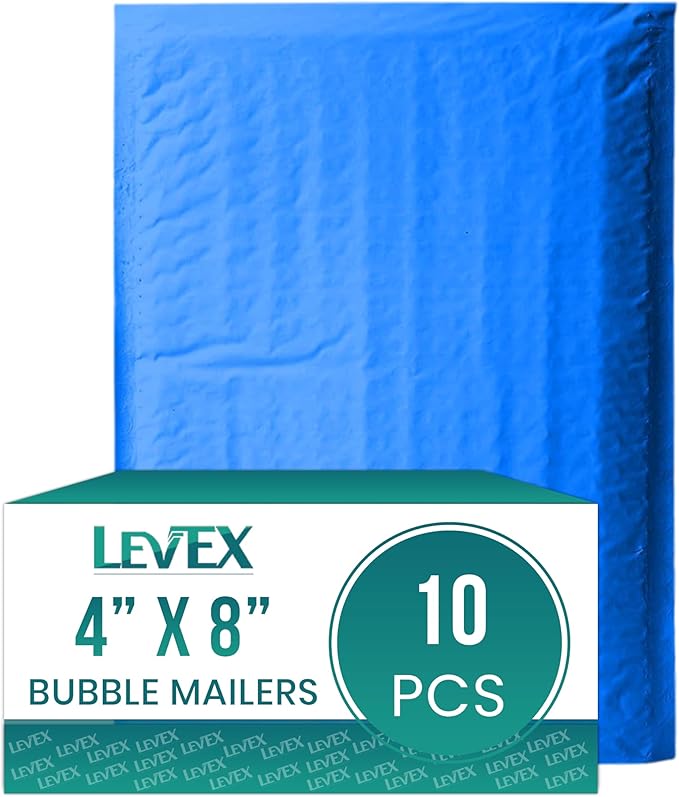 Levex - #000 4" x 8" [10 Pack] Blue Poly Bubble Mailers, Padded Envelope Mailers, Packing Envelope & Mailing Bags for Shipping
