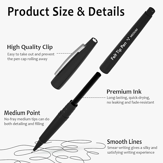 Lelix Felt Tip Pens, 30 Black Pack, 0.7mm Medium Point, Felt Tip Markers Pens for Journaling, Writing, Note Taking, Planner, Perfect for School Office and Art Supplies