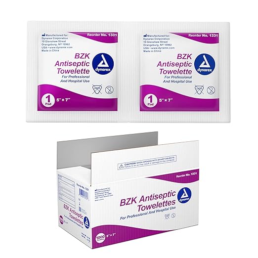 Dynarex BZK Antiseptic Towelettes - 5"x7" - Benzalkonium Chloride, Hand Sanitizing Wipes or First Aid Wound Wipes, 1 Case of 1000 (Packaging May Vary)
