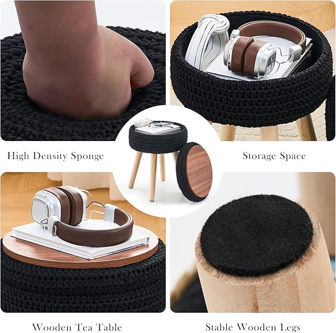 Round Foot Stool Ottoman with Storage Footrest with Wood Legs Cotton Knitted Vanity Stool Tray Top Coffee Table Multifunctional Upholstered Footstool for Living Room Bedroom Black
