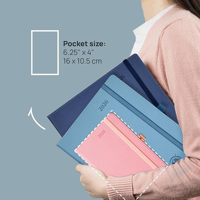 POPRUN Weekly Planner 2026 Calendar (Pocket 4'' x 6.25'') 12 Months Notebook with Horizontal Layout, Leather Hardcover, Inner Pocket, 100GSM Thick Paper, Pen Holder TJ - Midnight Green