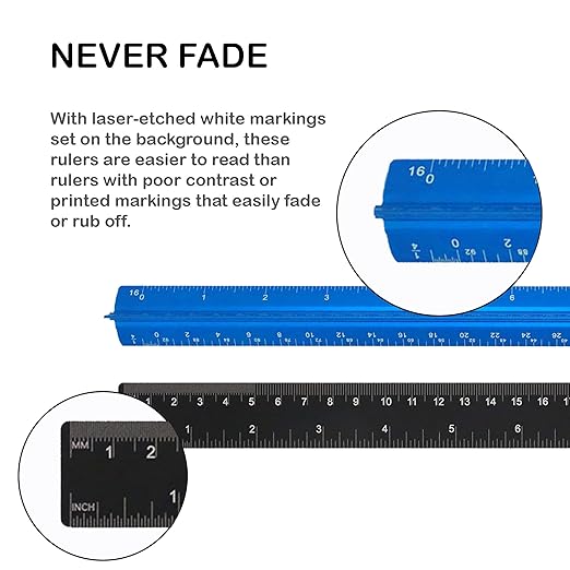 Set of 3 Aluminum Engineering Scale Metal Ruler Set, Architectural Scale Rulers 12 Inch and 6 Inch Triangle Ruler and 12 Inch Straight Edge Ruler Drafting Tools for Architects, Draftsman